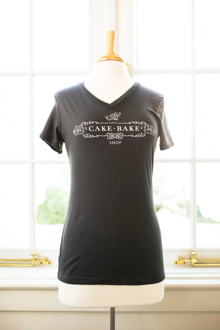 Gray V-neck T-shirt with White Cake Bake Shop Logo (XS - XXL)