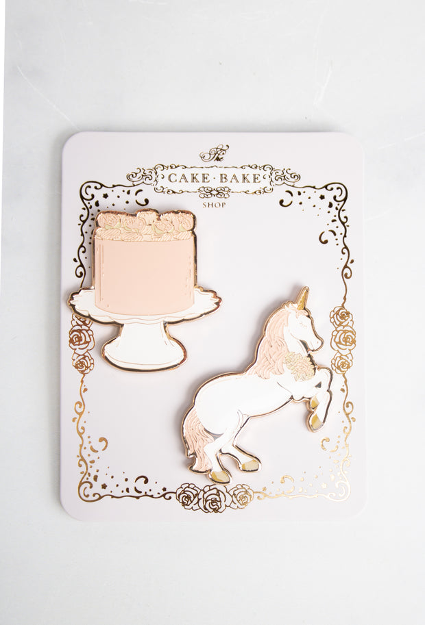 Cake Bake Shop Pins-Buttercream the Unicorn & Her Pink Neapolitan Cake Collectors Pin Set