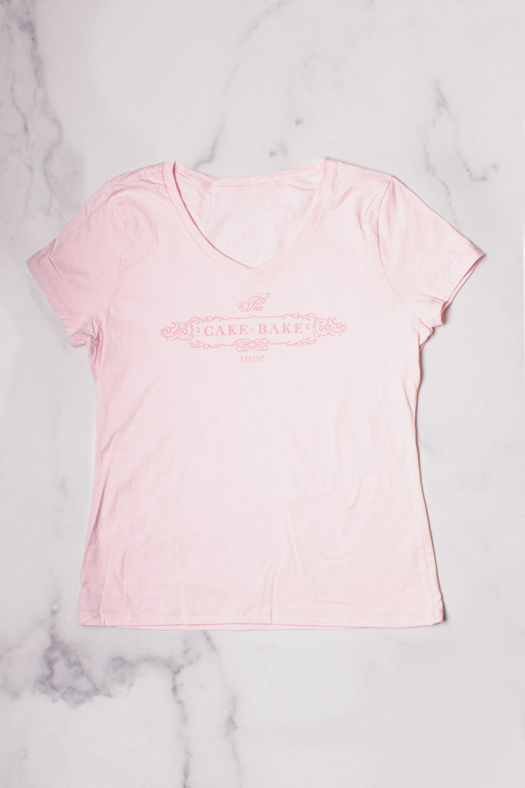 Pink V-neck T-shirt with Hot Pink Cake Bake Shop Logo (XS - XXL)