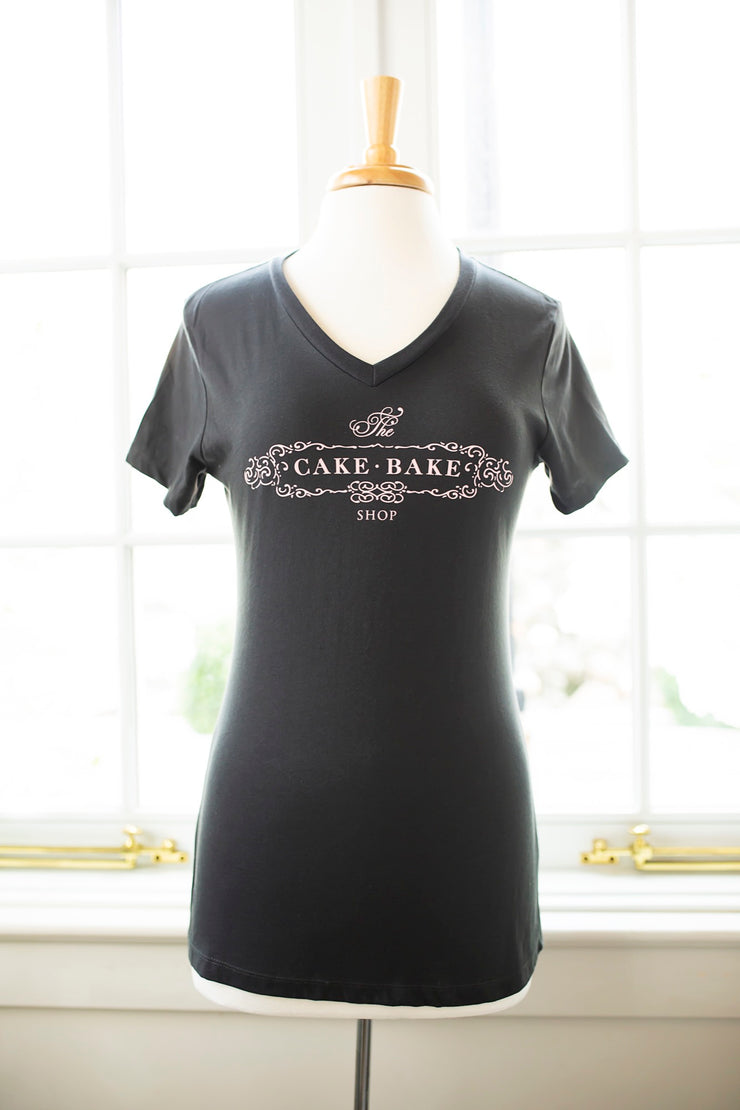 Gray V-neck T-Shirt with Pink Cake Bake Shop Logo (XS - XXL)