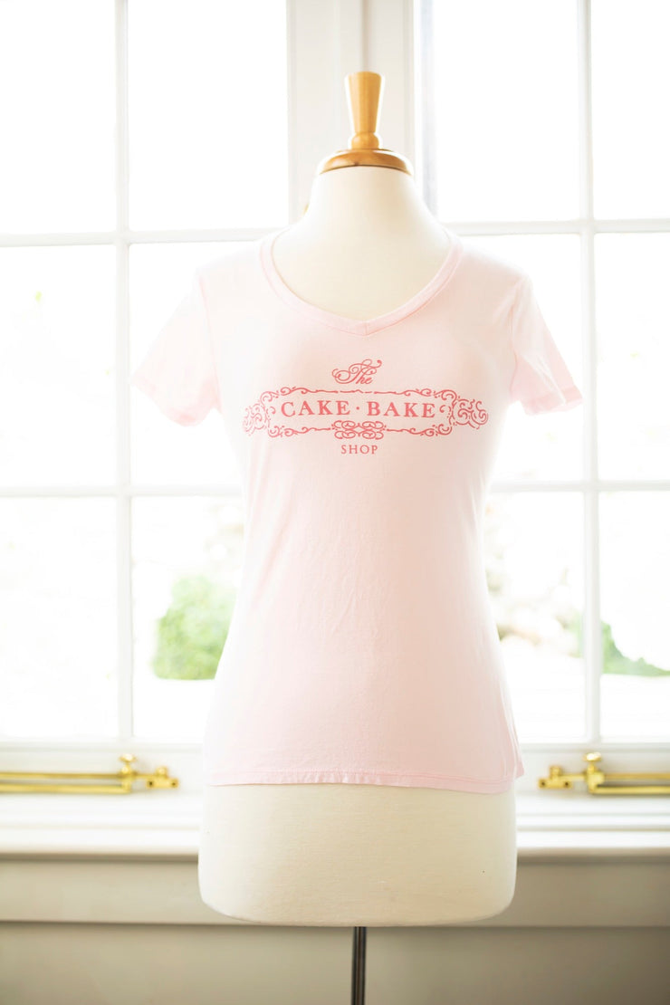 Pink V-neck T-shirt with Dark Pink Cake Bake Shop Logo (XS - XXL)