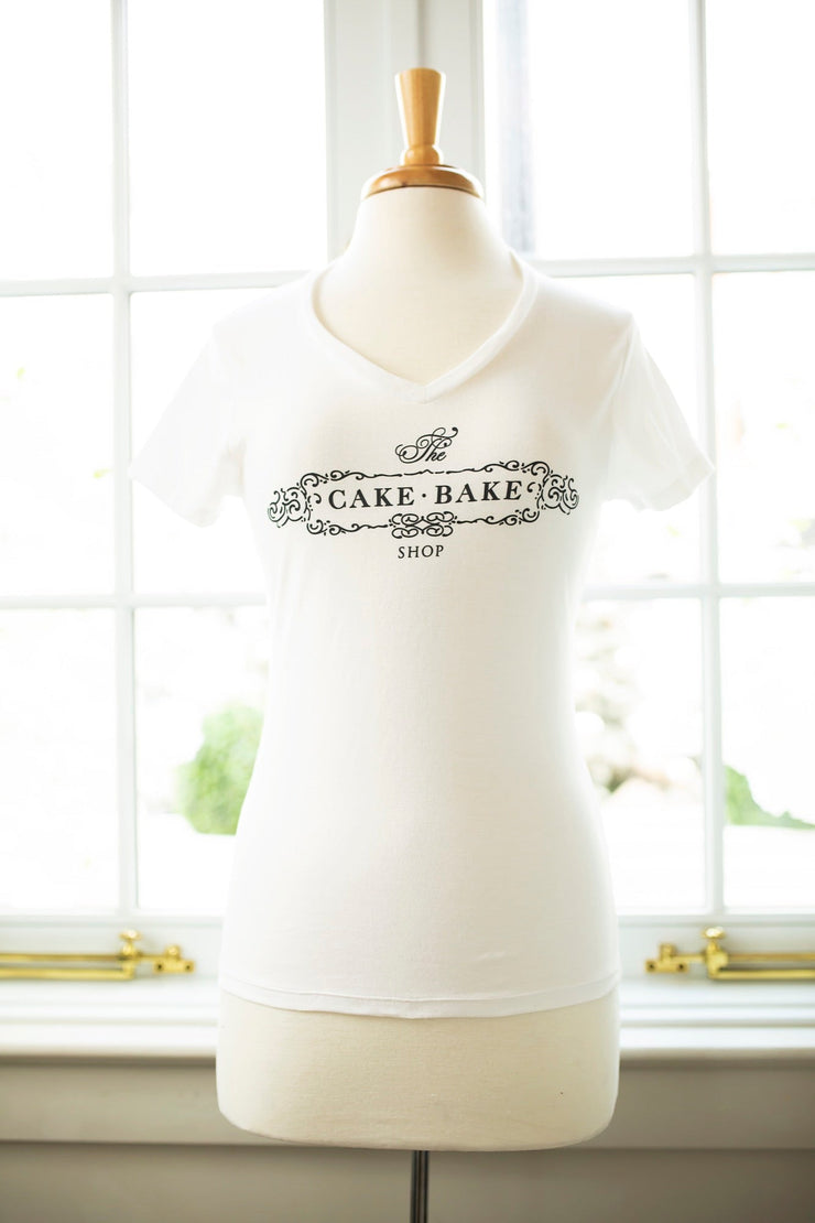 White V-neck T-shirt with Gray Cake Bake Shop Logo (XS - XXL)